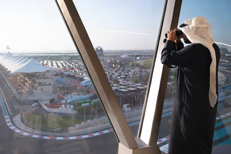 UAE leader joins thousands of race lovers at Yas Marina Circuit as Formula One season draws near.