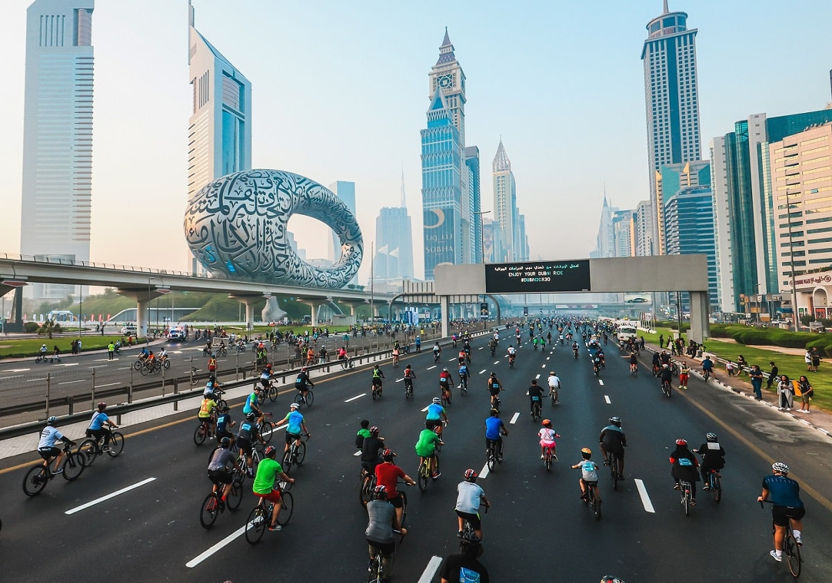 Thousands of bikers displaced the typical stream of autos on an empty Sheikh Zayed Road.