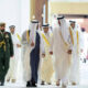 The president was greeted by Sheikh Tamim, Emir of Qatar.