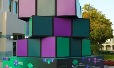 The giant Rubik's Cube located within Dubai Knowledge Park weighs over 300kg in a 3m x 3m x 3m measurement with 21 fiberglass cubes, each nearly 1 meter tall.