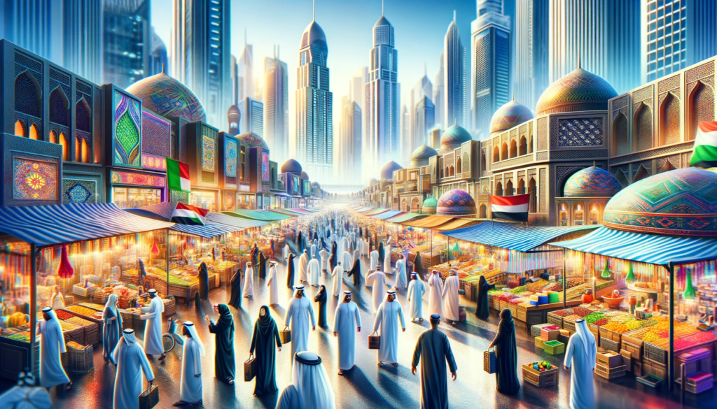 DALL·E 2024 01 03 17.32.32 A lively image of a bustling UAE marketplace showing vendors and shoppers interacting. The market is vibrant with colorful stalls showcasing a mix o
