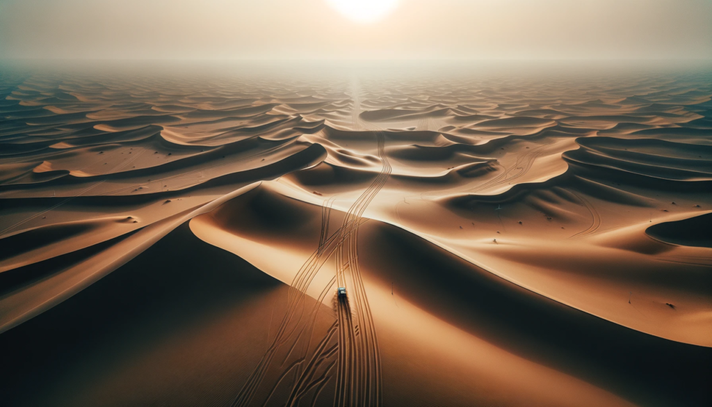 Aerial view of the Rub Al Khali desert, highlighting its vastness and the isolated trails of a vehicle, underlining the challenges and isolation faced during the search.