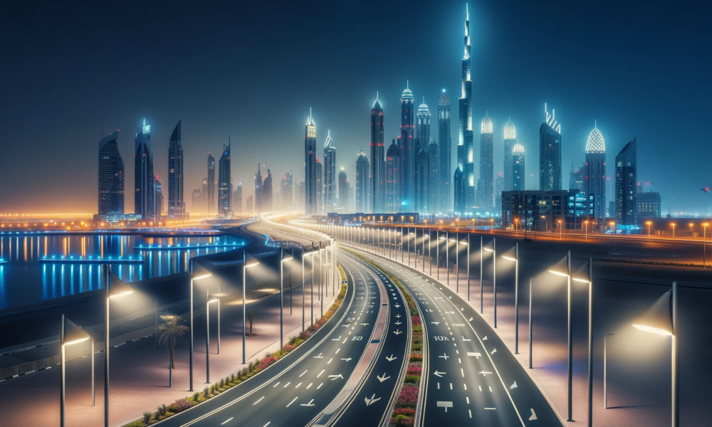 Dubai street at night, brightly illuminated by new energy-efficient LED streetlights. This scene showcases modern lighting poles with the city skyline in the background, emphasizing the improved lighting and safety on the roads.