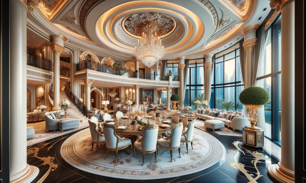 Luxurious interior of the penthouse, featuring a grandiose dining room and an opulent sitting area with access to a terrace, highlighting lavish furnishings and elegant decor.