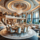 Luxurious interior of the penthouse, featuring a grandiose dining room and an opulent sitting area with access to a terrace, highlighting lavish furnishings and elegant decor.