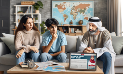 DALL·E 2024 01 04 20.51.33 Image of a family from the UAE discussing Canadas new student visa rules at their home. The family consists of two parents and a teenage child. They
