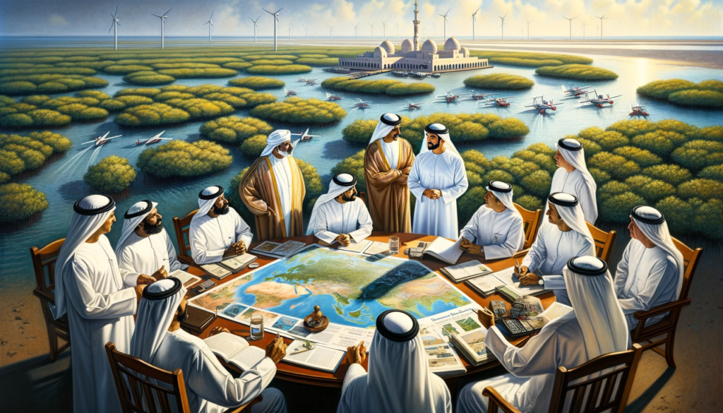 DALL·E 2024 01 04 22.12.26 Depiction of a 1990s meeting in Abu Dhabi discussing mangrove conservation. The scene includes Sheikh Zayed bin Sultan Al Nahyan wearing traditional