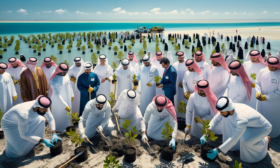 DALL·E 2024 01 04 22.14.48 Aerial view of a mangrove planting event in Abu Dhabi in the 1990s. The scene shows a group of people including Emirati rulers and environmental rese