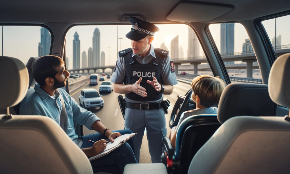 DALL·E 2024 01 05 09.24.13 Image of a Dubai Police traffic stop focusing on child safety in vehicles. The scene depicts a police officer speaking to a driver who has been stoppe