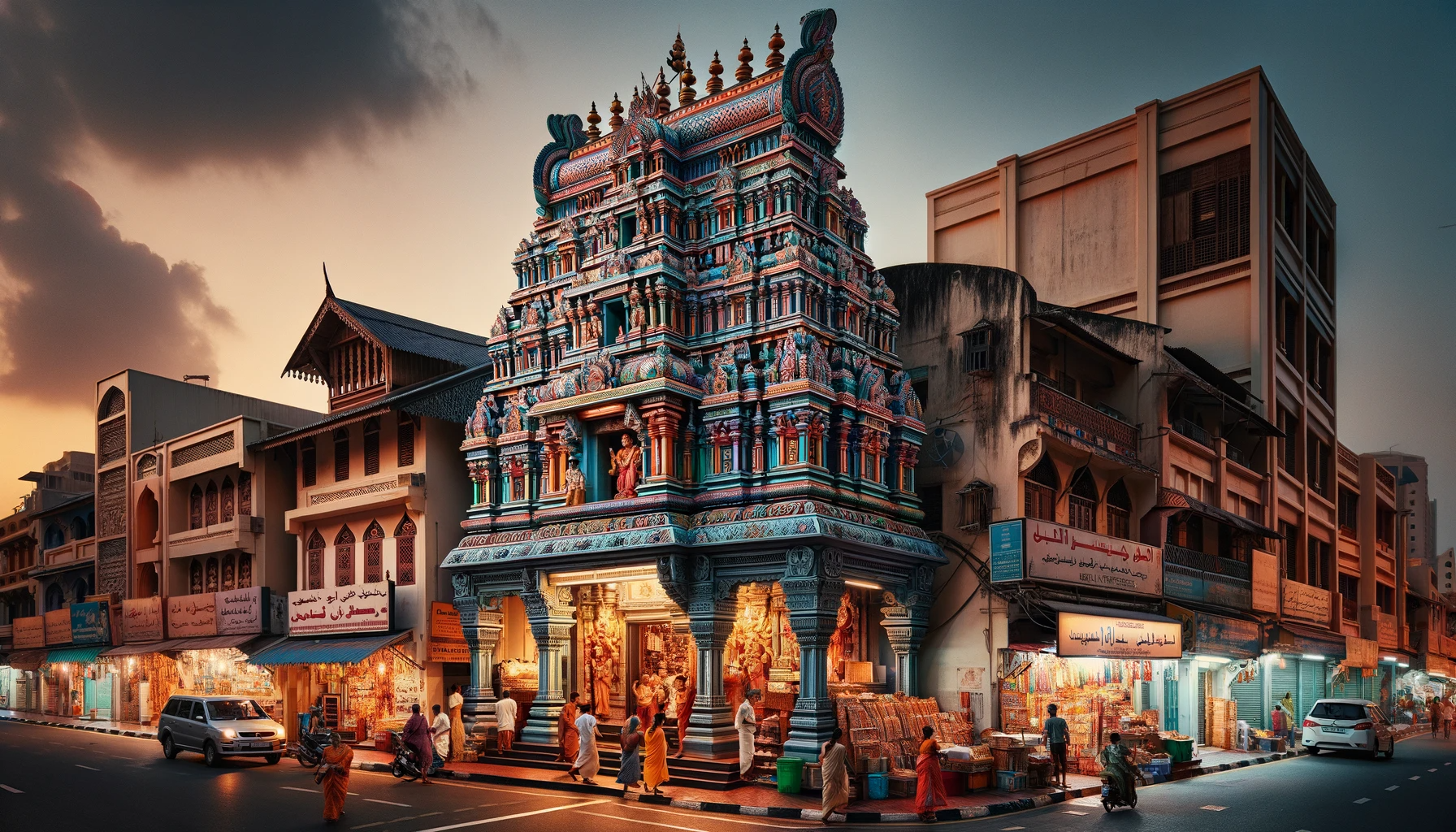 DALL·E 2024 01 05 14.06.28 Exterior view of the historic Bur Dubai Hindu temple in the evening. The temple is a traditional structure with intricate carvings and a vibrant colo