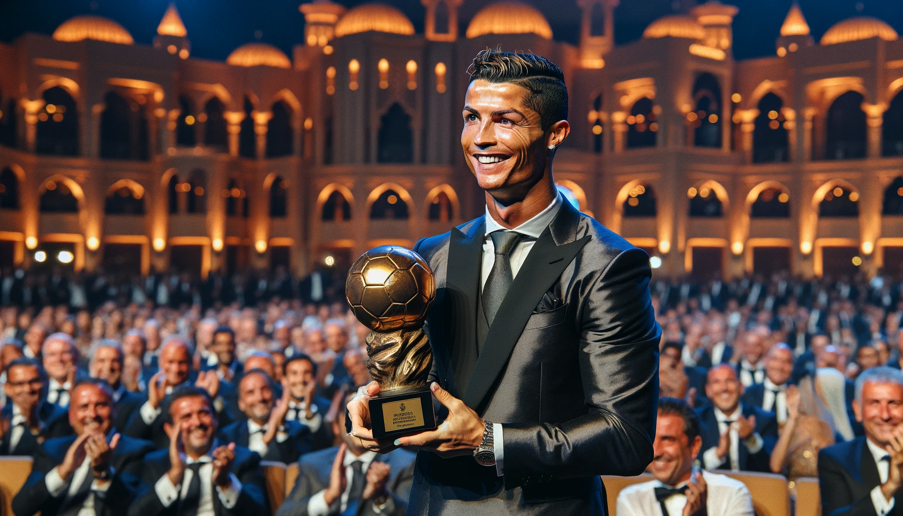 DALL·E 2024 01 05 15.01.49 Image of Cristiano Ronaldo receiving the Maradona Award for Best Goalscorer at the Dubai Globe Soccer Awards. Ronaldo is on stage holding the prestig