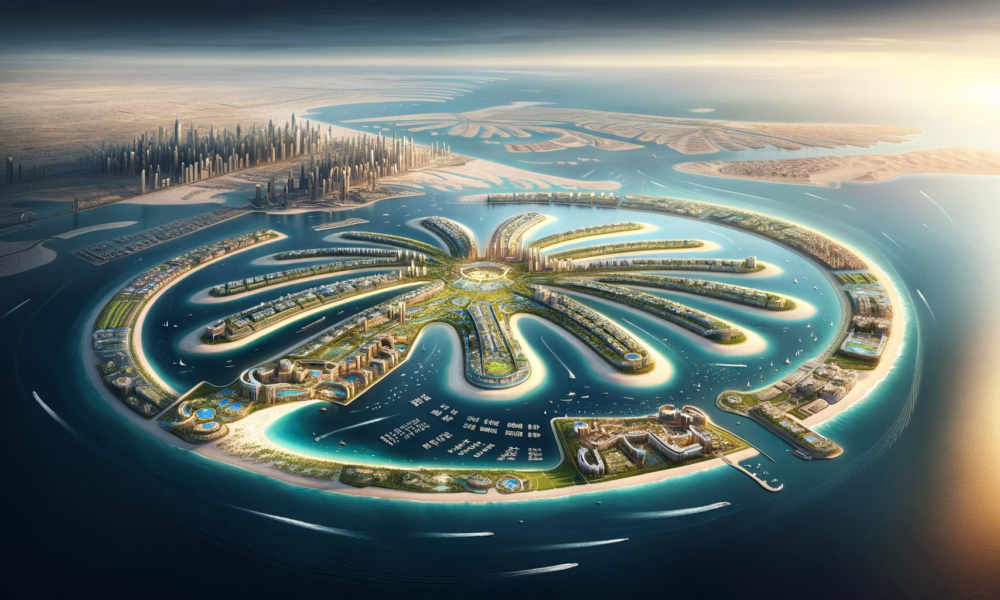 DALL·E 2024 01 05 15.56.54 A conceptual visualization of the Palm Jebel Ali development in Dubai showcasing its expansive scale and innovative design. The image depicts the man