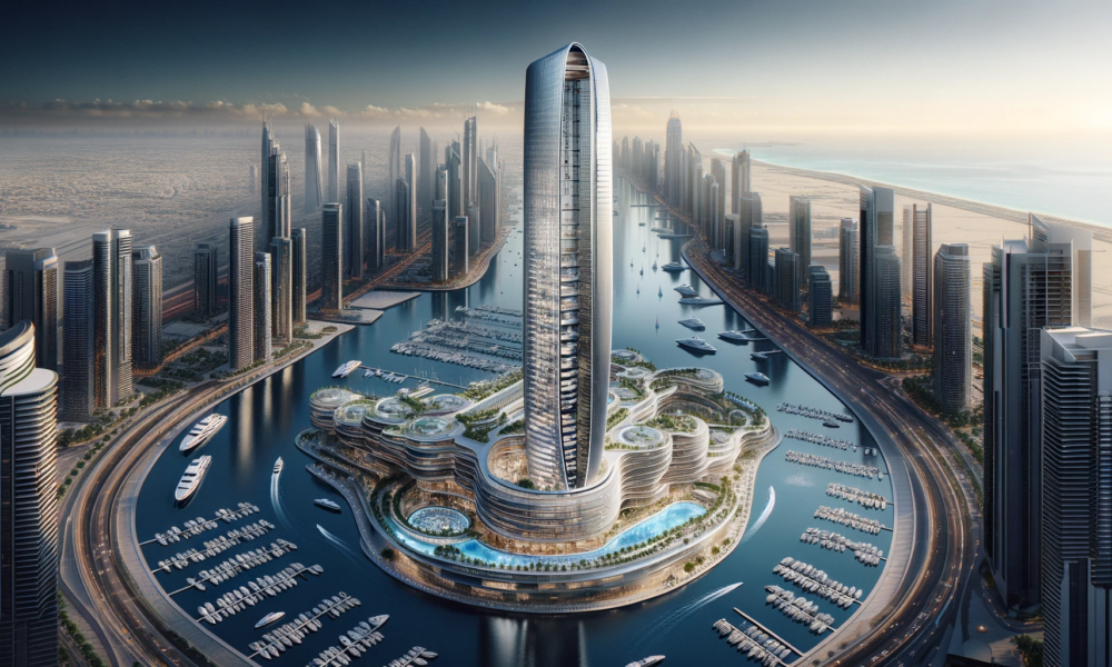 DALL·E 2024 01 05 16.18.57 A futuristic rendering of the Ciel Tower in Dubai. The image showcases the towers impressive height of 365 meters and its sleek modern design with a