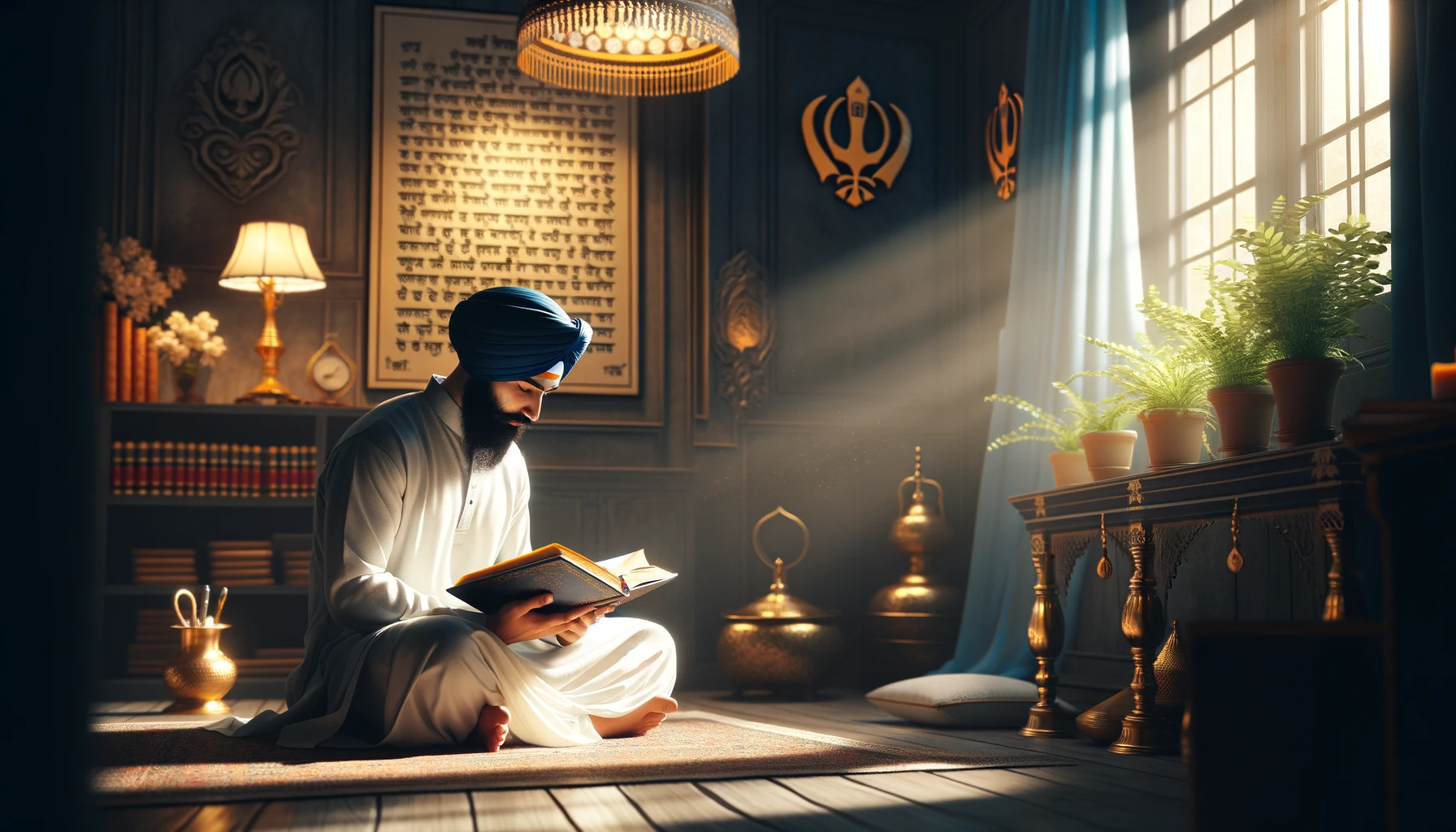 Sikh man engaging in a moment of reflection and reading from the Guru Granth Sahib. The serene room and the gentle light signify enlightenment and the peaceful start of the New Year.