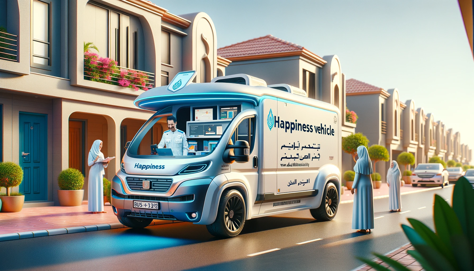 DALL·E 2024 01 05 17.14.59 An image of the Happiness Vehicle by Dubai Municipality showcasing a modern branded vehicle parked in a residential neighborhood in Dubai. The veh