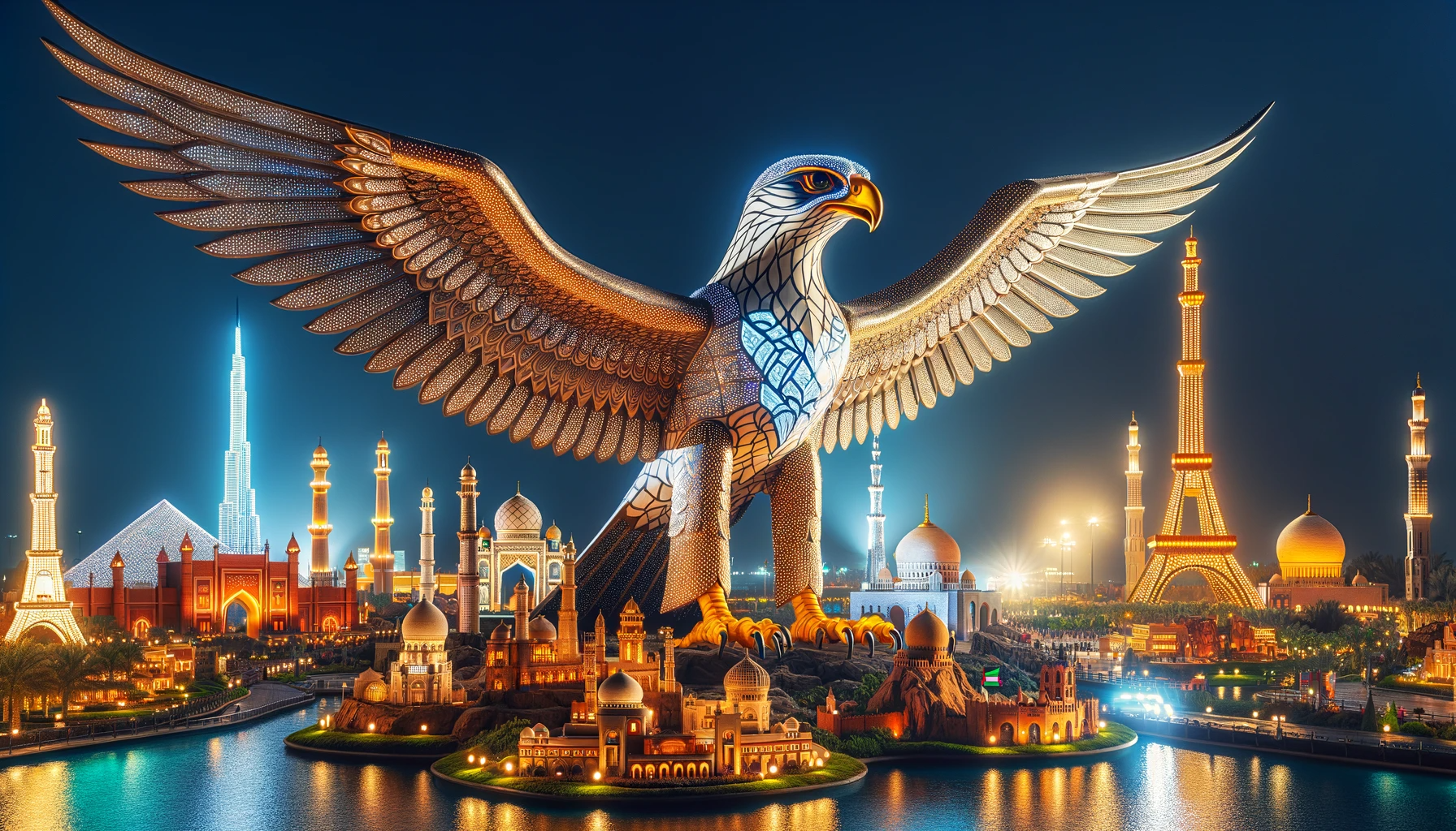 DALL·E 2024 01 05 17.30.24 A stunning image of the worlds largest illuminated steel falcon sculpture at Dubais Global Village. The sculpture with a wingspan of over 22 meters