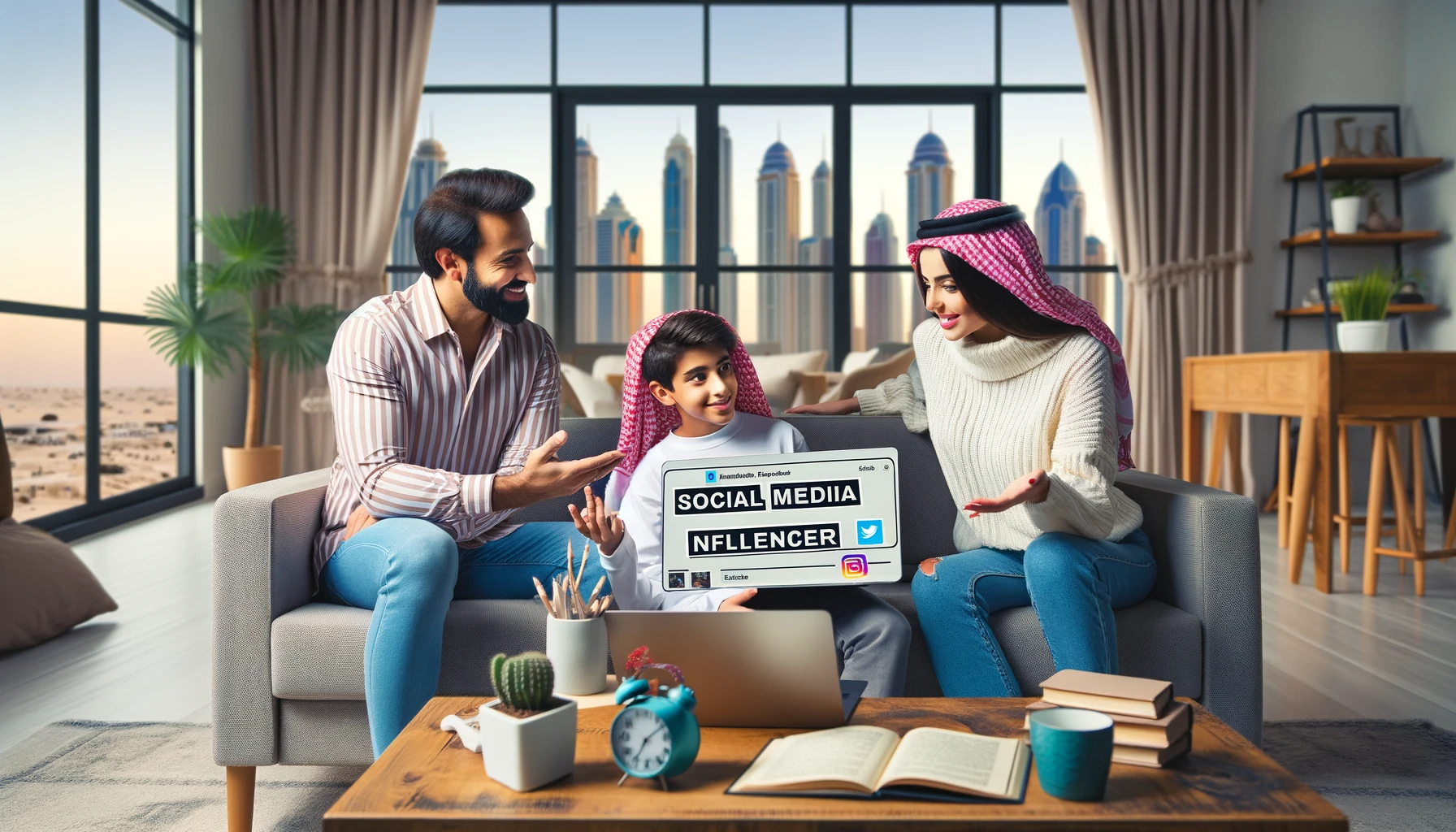 DALL·E 2024 01 05 18.34.22 A family scene in a Dubai home where parents are discussing their childs interest in becoming a social media influencer. The image shows a supportive