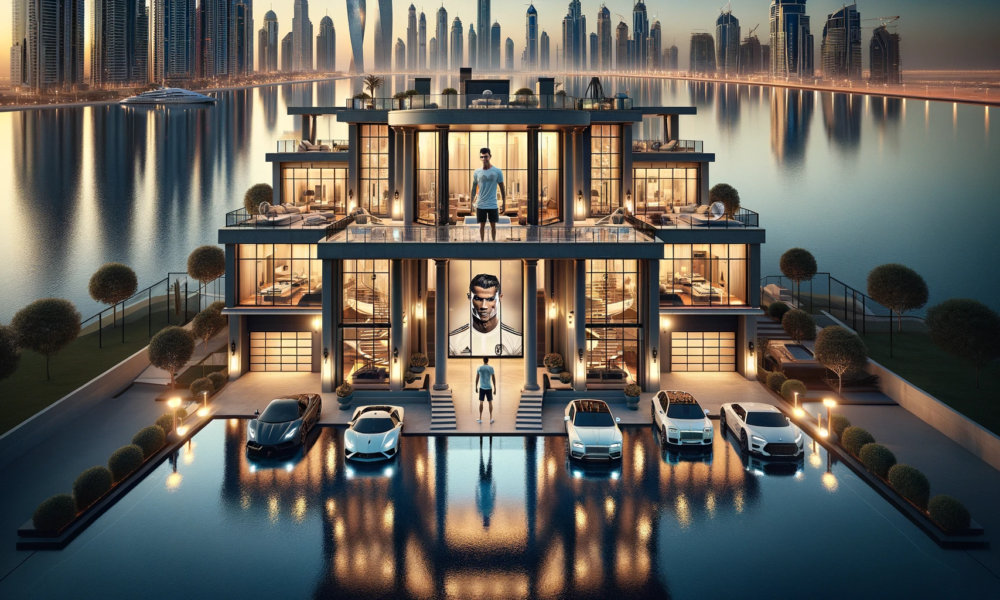 DALL·E 2024 01 05 20.39.07 A luxurious mansion in Jumeirah Bay Dubai reflecting Cristiano Ronaldos new purchase. The mansion is grand and modern spanning 30000 square feet