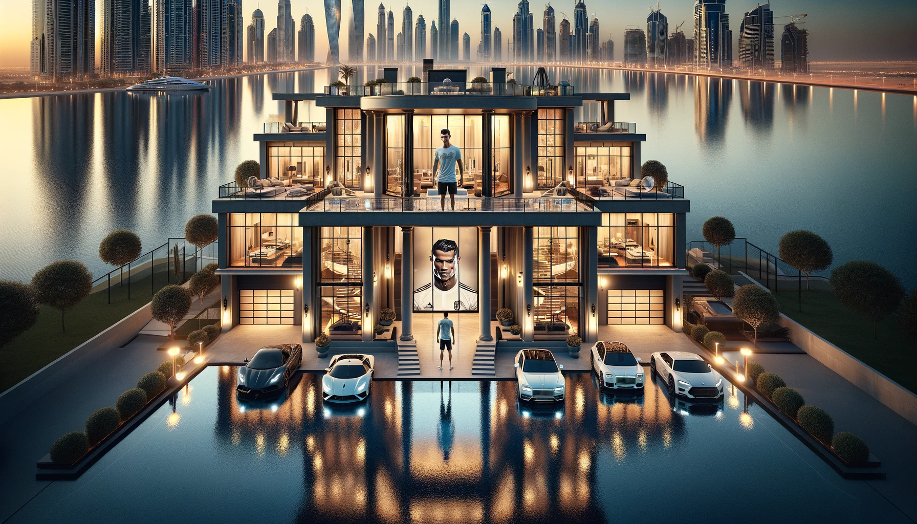 DALL·E 2024 01 05 20.39.07 A luxurious mansion in Jumeirah Bay Dubai reflecting Cristiano Ronaldos new purchase. The mansion is grand and modern spanning 30000 square feet