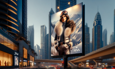 DALL·E 2024 01 06 04.52.13 A high end fashion billboard featuring Rivas Fall Winter 2023 womens ski collection. The billboard is located in a bustling urban area of Dubai sho
