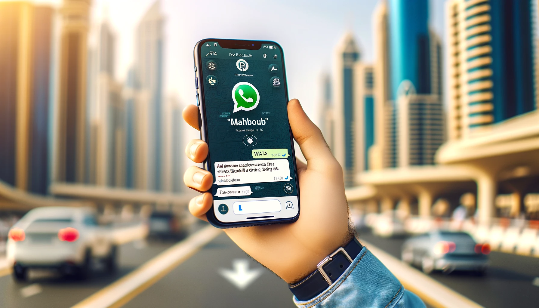 DALL·E 2024 01 06 11.23.54 A person using their smartphone to access the RTA Mahboub Chatbot on WhatsApp. The smartphone screen prominently displays the RTA logo and the Whats