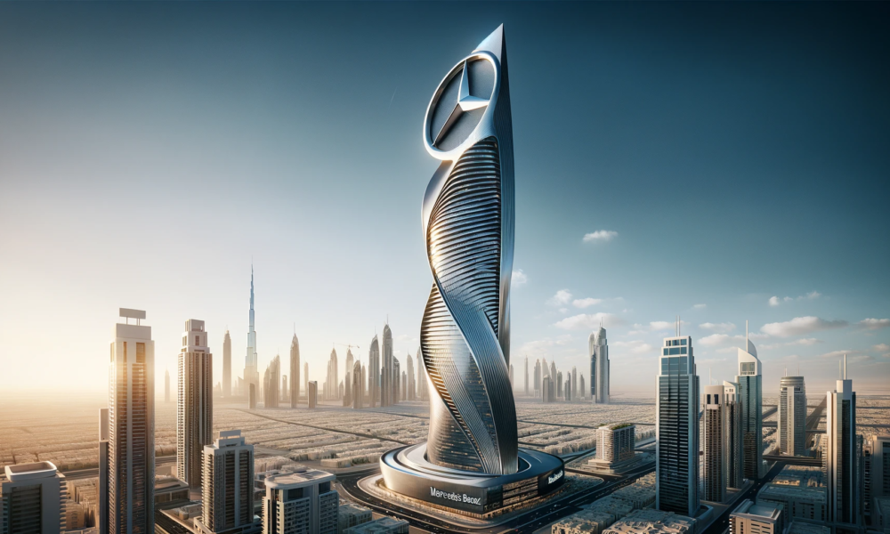 DALL·E 2024 01 06 11.40.48 An artistic rendering of the Mercedes Benz Places skyscraper in Dubai. The image showcases the skyscrapers unique sinuous design with a curved pinna