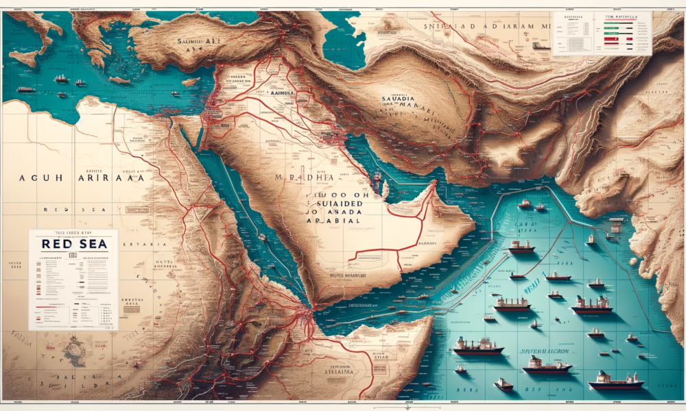 DALL·E 2024 01 06 11.57.31 A detailed map highlighting the Red Sea region with strategic shipping lanes clearly marked. The locations of the Kingdom of Saudi Arabia and the Uni