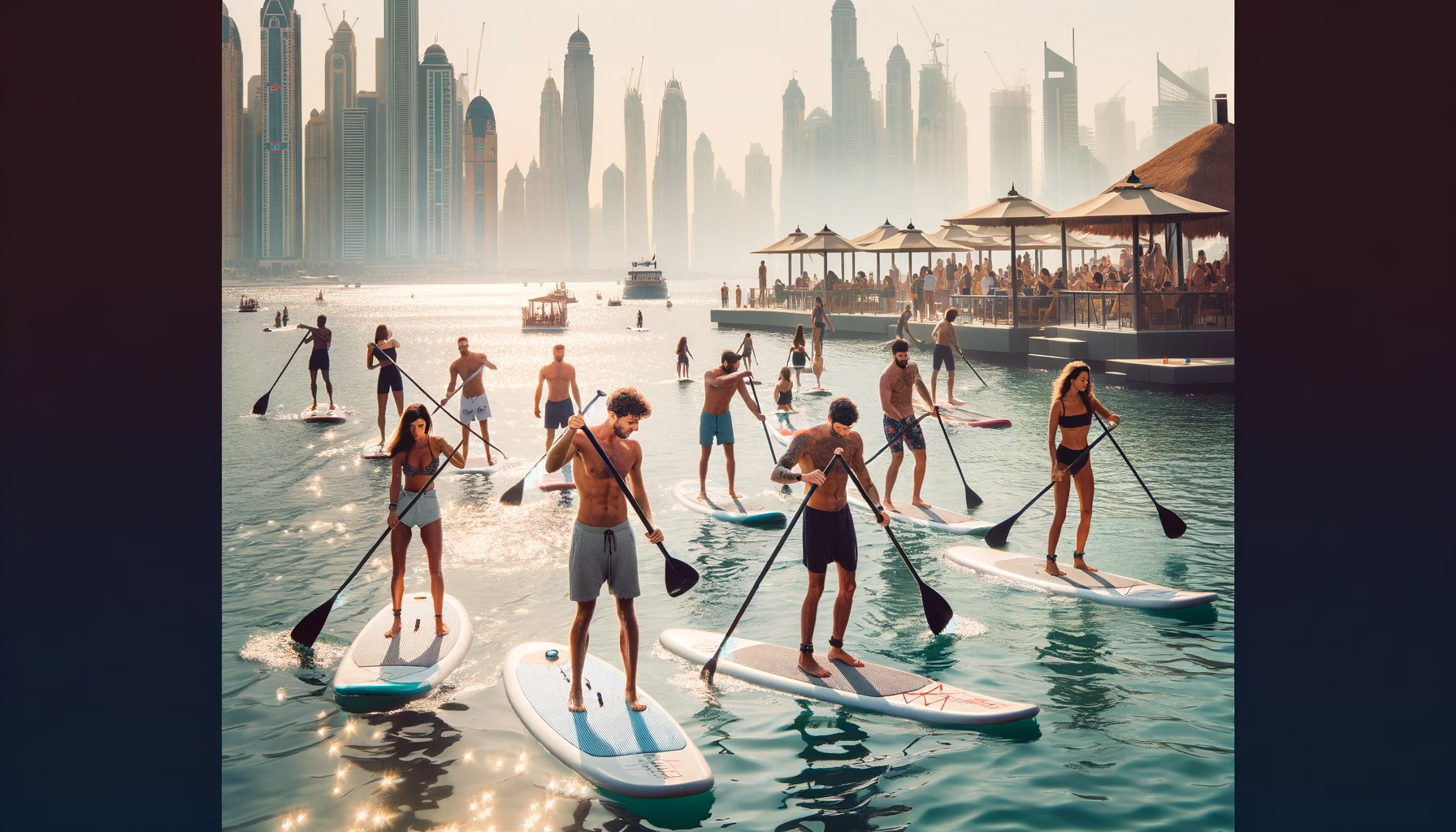 DALL·E 2024 01 06 13.40.15 An image of people enjoying stand up paddleboarding at Ignite Water Sports Riva Beach Club in Dubai. The scene shows a group of diverse individuals b