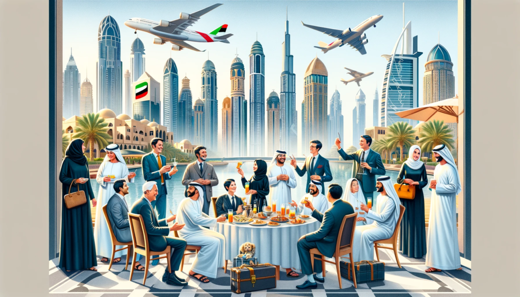 DALL·E 2024 01 06 15.05.15 An image depicting expatriates enjoying the lifestyle in the UAE highlighting the benefits of living in a tax free country. The scene is set in a lux