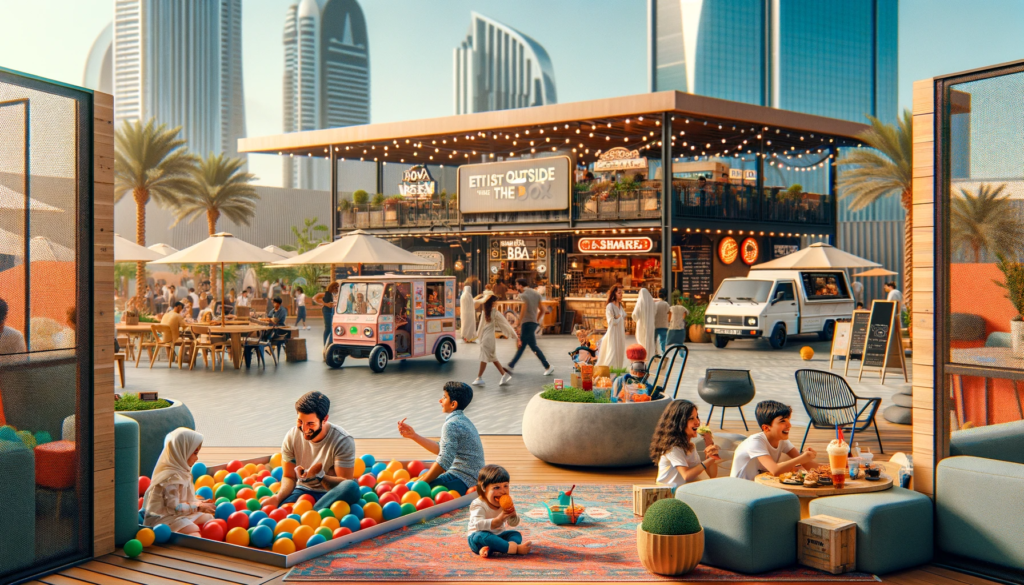 DALL·E 2024 01 06 16.47.26 Image of a family enjoying various activities at the Etisalat Market Outside The Box in Dubai. The scene includes a family with children exploring th