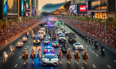 DALL·E 2024 01 07 00.33.16 A captivating scene of the grand parade on the final day of the Dubai Police Carnival taking place at City Walk. The parade features an array of poli