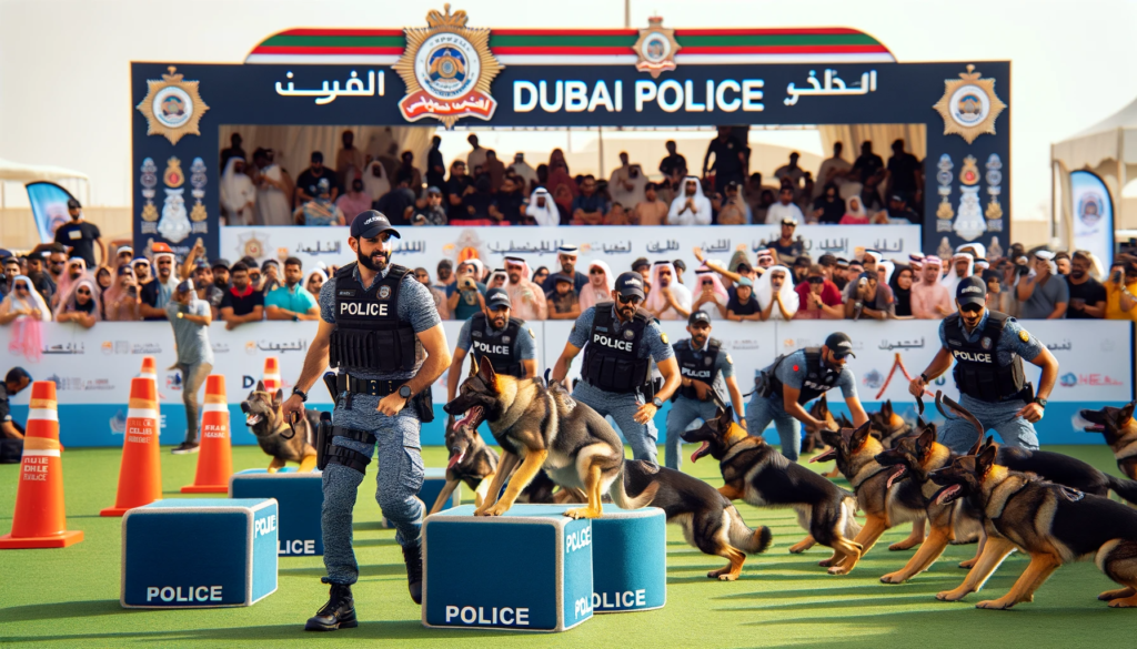 DALL·E 2024 01 07 00.33.35 An engaging scene at the Dubai Police Carnival featuring the Police Dog Show. The image shows highly trained police dogs demonstrating their agility a