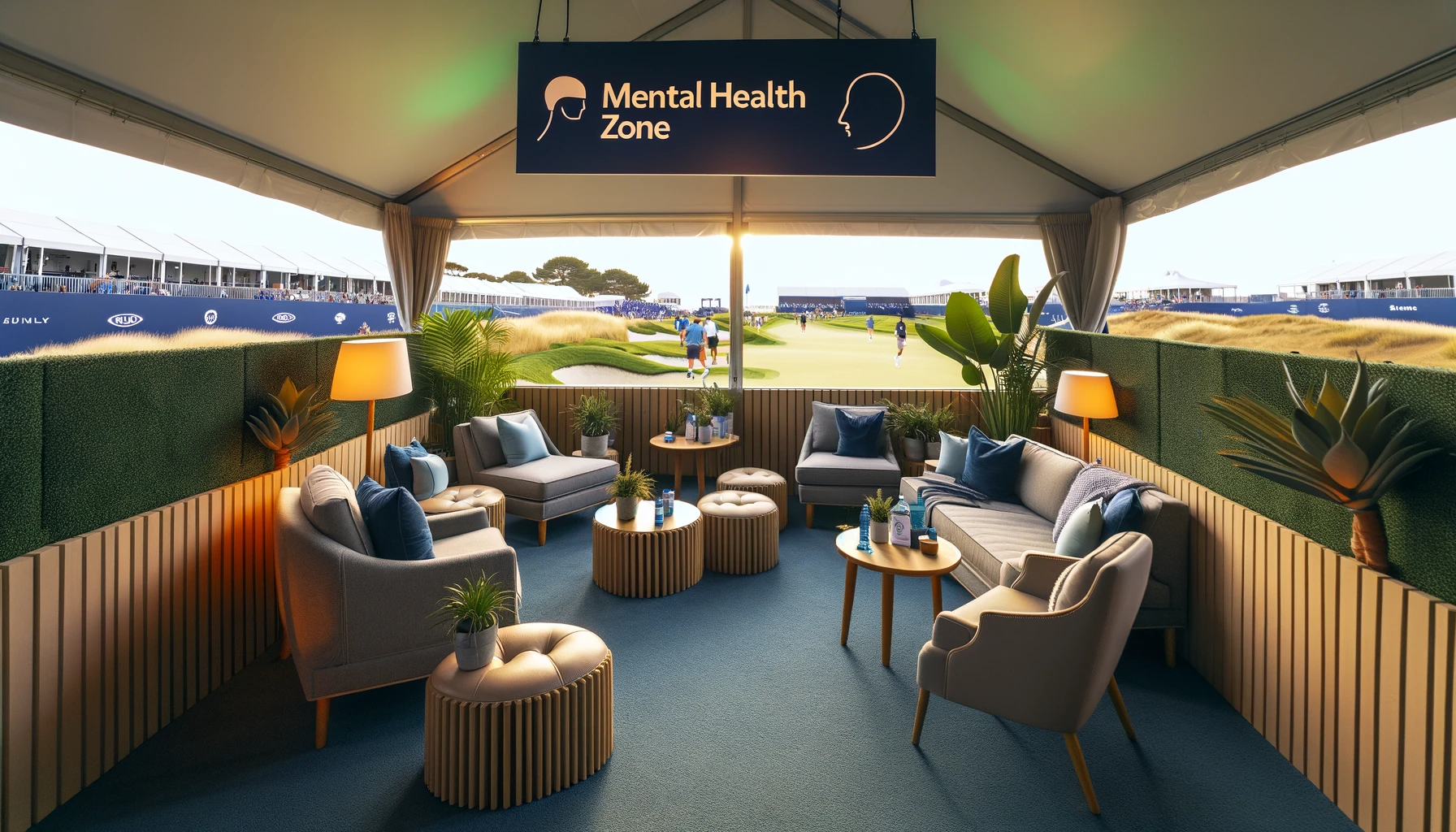 DALL·E 2024 01 07 17.13.39 A serene and welcoming mental health zone set up at a golf tournament featuring comfortable seating areas calming colors and subtle nature elements