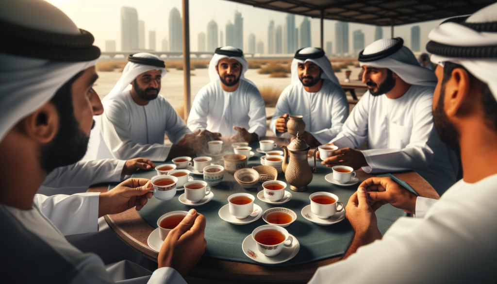 DALL·E 2024 01 07 20.11.02 An image showing a small group of Dubai residents gathered around a table enjoying cups of Karak tea in a simple outdoor setting. The focus is on th