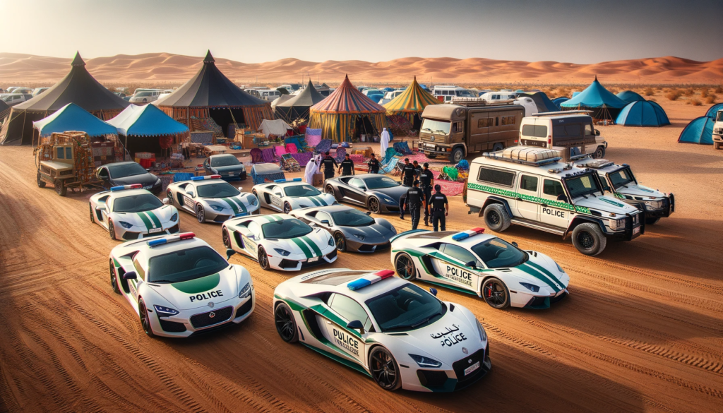 DALL·E 2024 01 08 17.04.05 Dubai police seizing vehicles at a family camping site. The scene shows police cars with the distinctive green and white colors of Dubai police surro