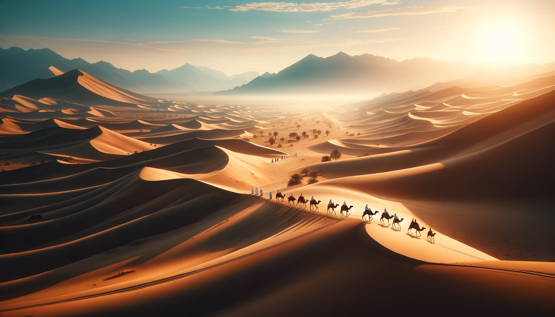 DALL·E 2024 01 08 18.34.43 A scenic view of the UAE desert with a small group of camel riders in the distance. The desert landscape is vast and serene with rolling sand dunes u