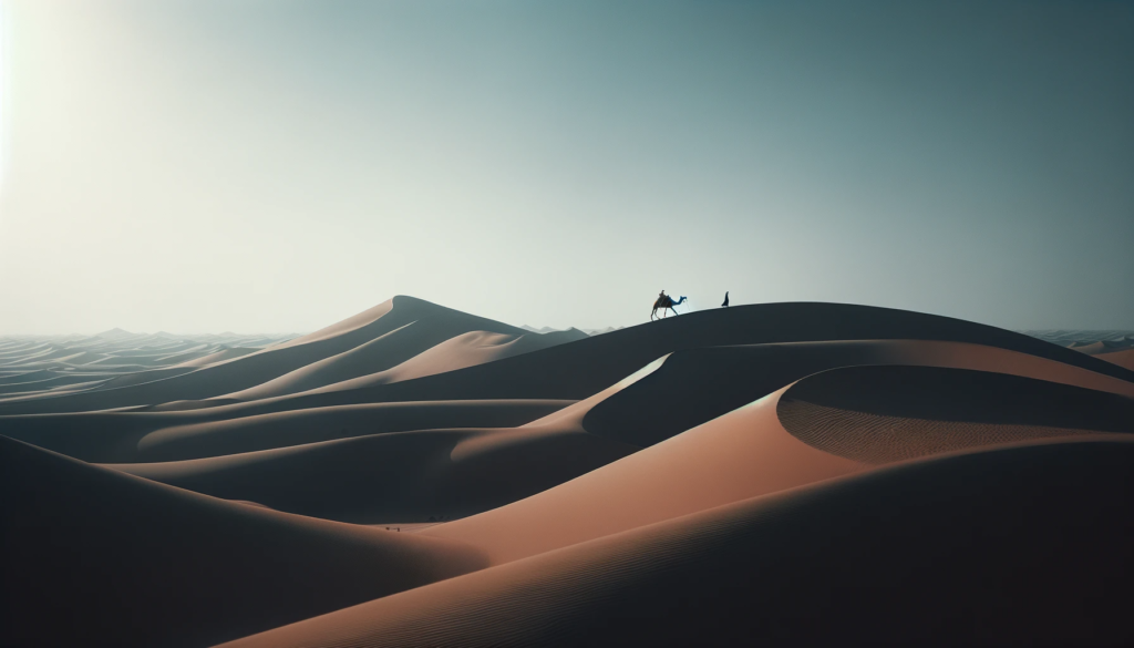 DALL·E 2024 01 08 18.34.47 A minimalistic image capturing the essence of a desert trek in the UAE. The focus is on a single camel rider depicted as a small figure against the v