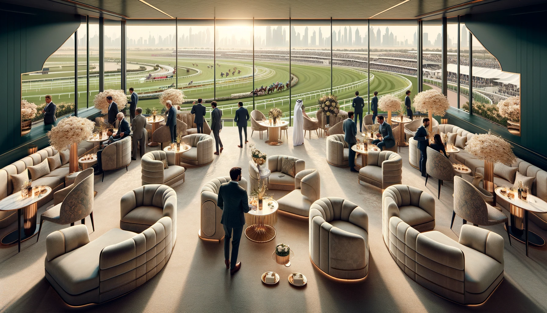 DALL·E 2024 01 08 19.40.33 Elegant VIP lounge area at the Dubai Racing Carnival sponsored by Azizi Developments. The setting is luxurious with stylish furniture and decoration