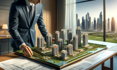DALL·E 2024 01 09 12.34.45 A realistic image depicting an investor examining a scale model of a modern off plan property development in Dubai. The model showcases a range of hig