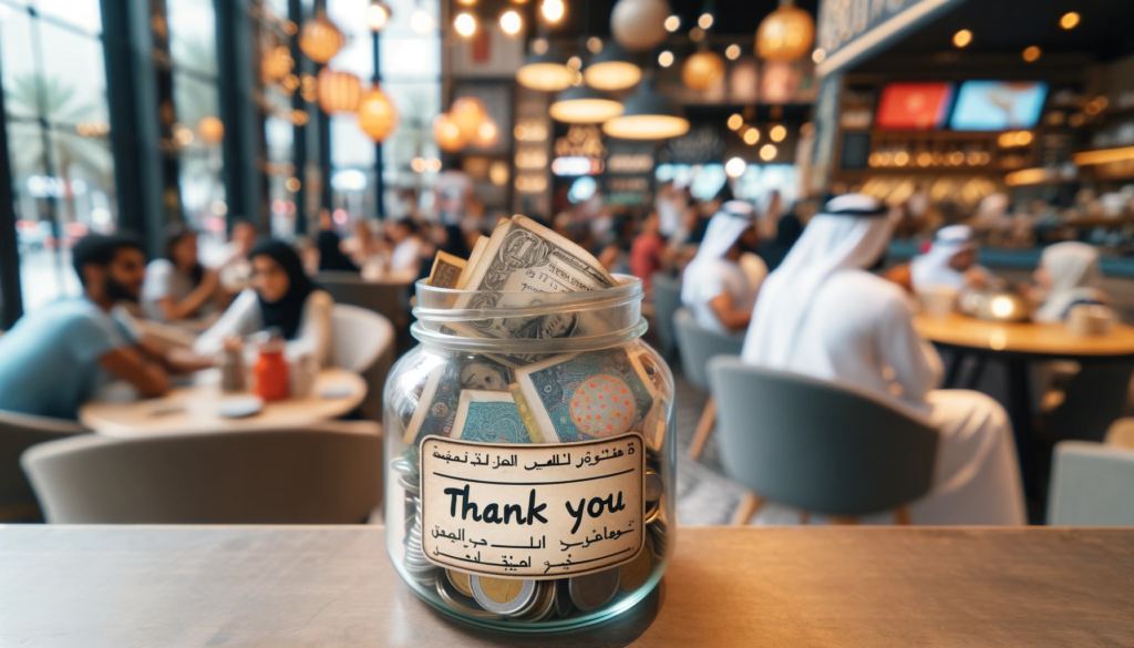 DALL·E 2024 01 09 12.48.12 A close up of a tip jar overflowing with UAE Dirhams on a cafe counter. The jar is labeled Thank You in both Arabic and English. In the background
