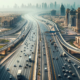 DALL·E 2024 01 09 14.24.14 Scenic view of Dubai highways in city areas with fewer buildings. The image showcases a wide highway with multiple lanes flanked by low rise structur