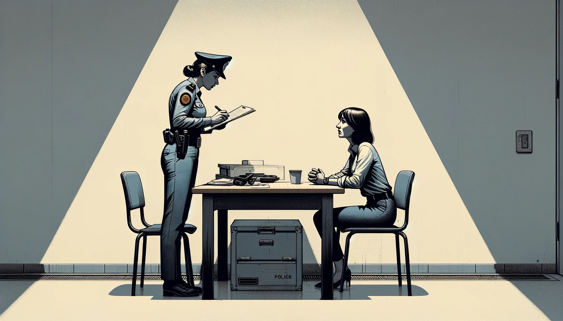 DALL·E 2024 01 09 16.00.41 A police interrogation scene in Dubai showing a policewoman questioning a suspect. The interrogation room is simple and stark with plain walls and a