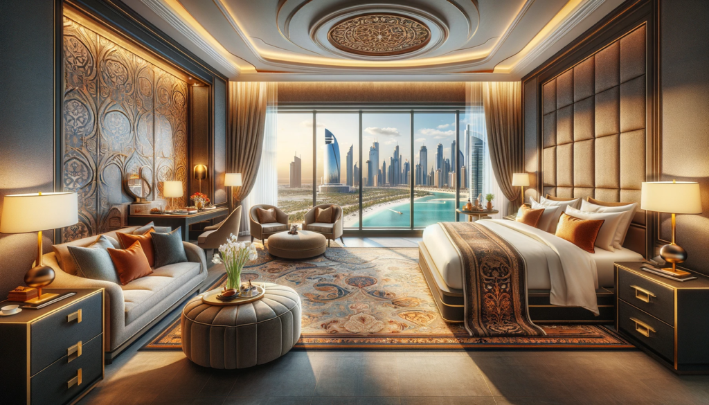 DALL·E 2024 01 09 19.02.32 A luxurious hotel suite in Abu Dhabi representing the high comfort and elegance of the citys hospitality sector. The suite features a spacious layou