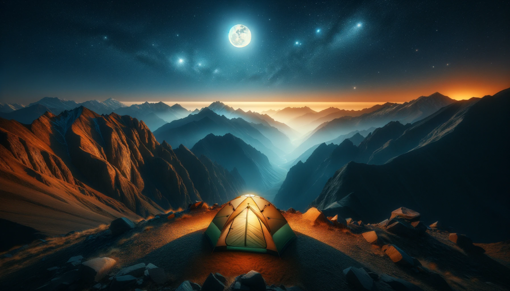 DALL·E 2024 01 10 04.25.26 A breathtaking image of Jebel Jais camping showcasing a tent pitched on the mountain top under a moonlit sky. The scene should capture the awe inspir