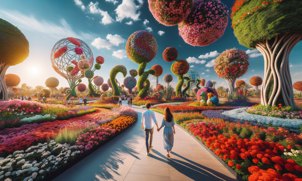DALL·E 2024 01 10 04.44.50 A serene scene in the Dubai Miracle Garden featuring a couple walking hand in hand among vibrant colorful flowers. The garden is filled with artistic