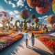 DALL·E 2024 01 10 04.44.50 A serene scene in the Dubai Miracle Garden featuring a couple walking hand in hand among vibrant colorful flowers. The garden is filled with artistic