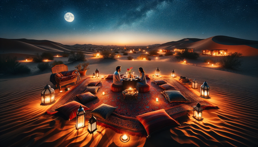 DALL·E 2024 01 10 04.45.55 An enchanting evening in the Arabian Desert for a romantic dinner. The setting includes a traditional Arabian carpet cushions and a low table set un