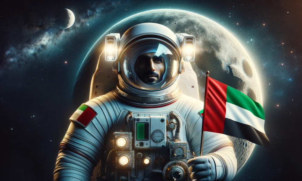 DALL·E 2024 01 10 15.03.42 A conceptual image illustrating the UAEs involvement in space exploration featuring an Emirati astronaut in a modern spacesuit against a backdrop of