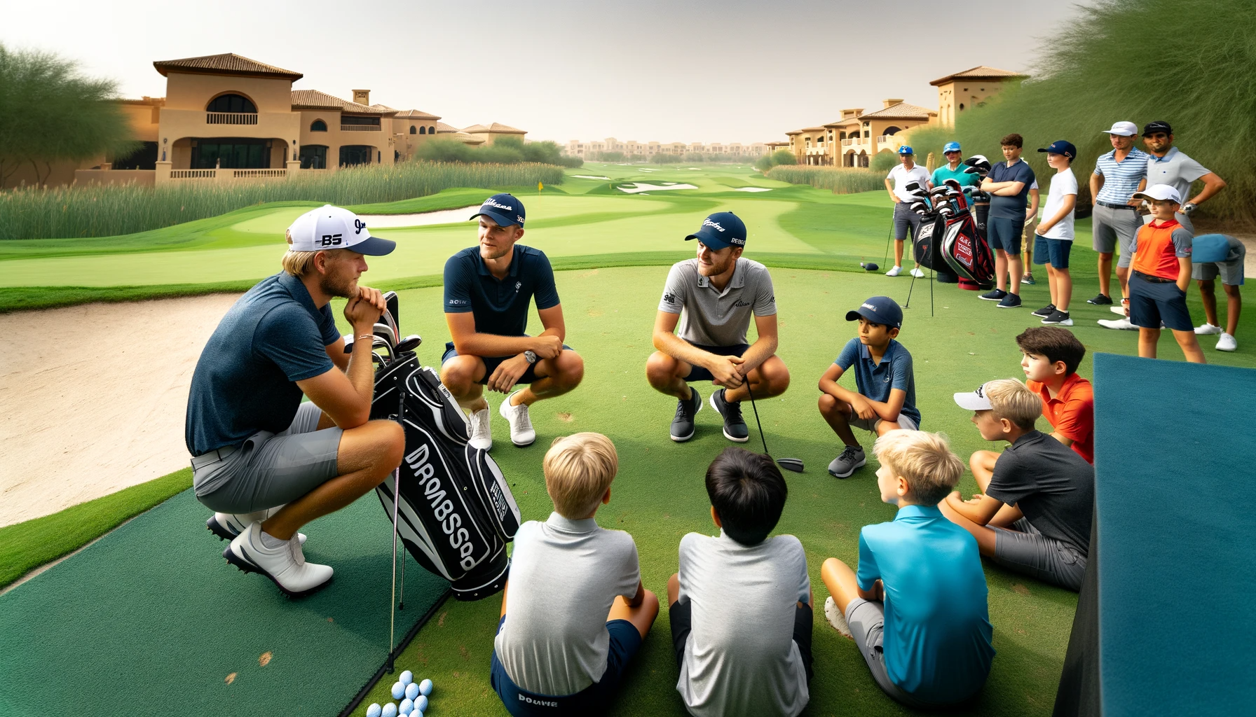 DALL·E 2024 01 10 16.30.00 An image of Danish golfers Thomas Bjorn Rasmus Hojgaard and Nicolai Hojgaard at a golf clinic interacting with young golfers. The setting is on a l