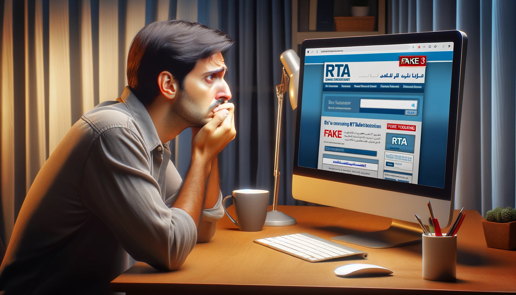 DALL·E 2024 01 10 17.31.24 a concerned Dubai resident looking at a fake RTA website on a computer screen realizing theyve been scammed. The image shows a person sitting in fro